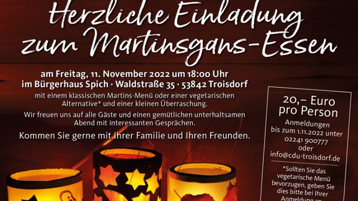 Herzliche Einladung zum Martingsgans-Essen am Freitag, 11. November 2022 um 18:00 Uhr im Bürgerhaus Spich.